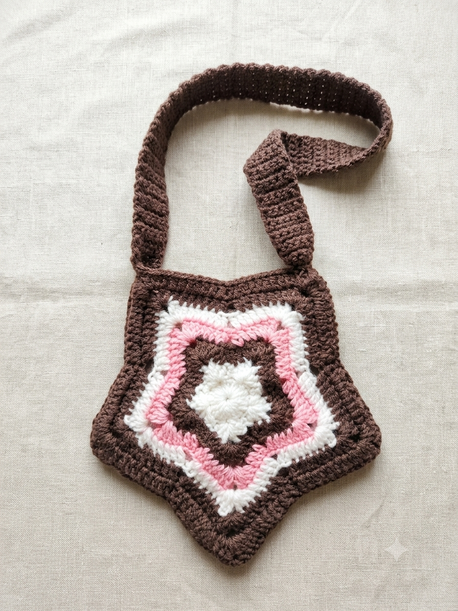 Crochet Star Bag - Brown, Pink & White | Geometric Crossbody | Artisan Design