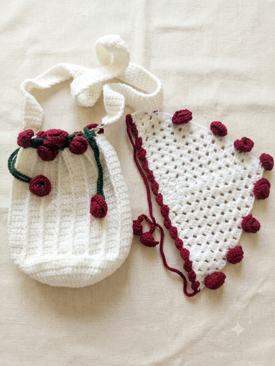Crochet Rose Mini Bag - Cream & Burgundy | Shoulder Bag | Artisan Design