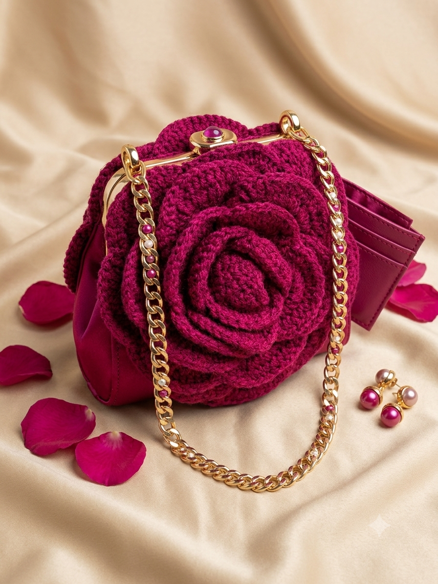 Crochet Rose Bag | Luxury Evening Clutch | Gold Chain | Wedding Ready