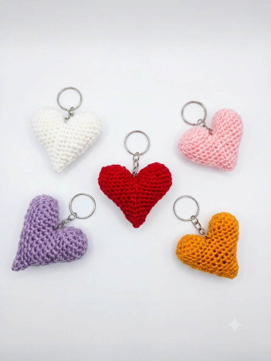 Crochet Heart Keychain - Amigurumi Soft Plush Key Pendant -- Heart Shape Keychain
