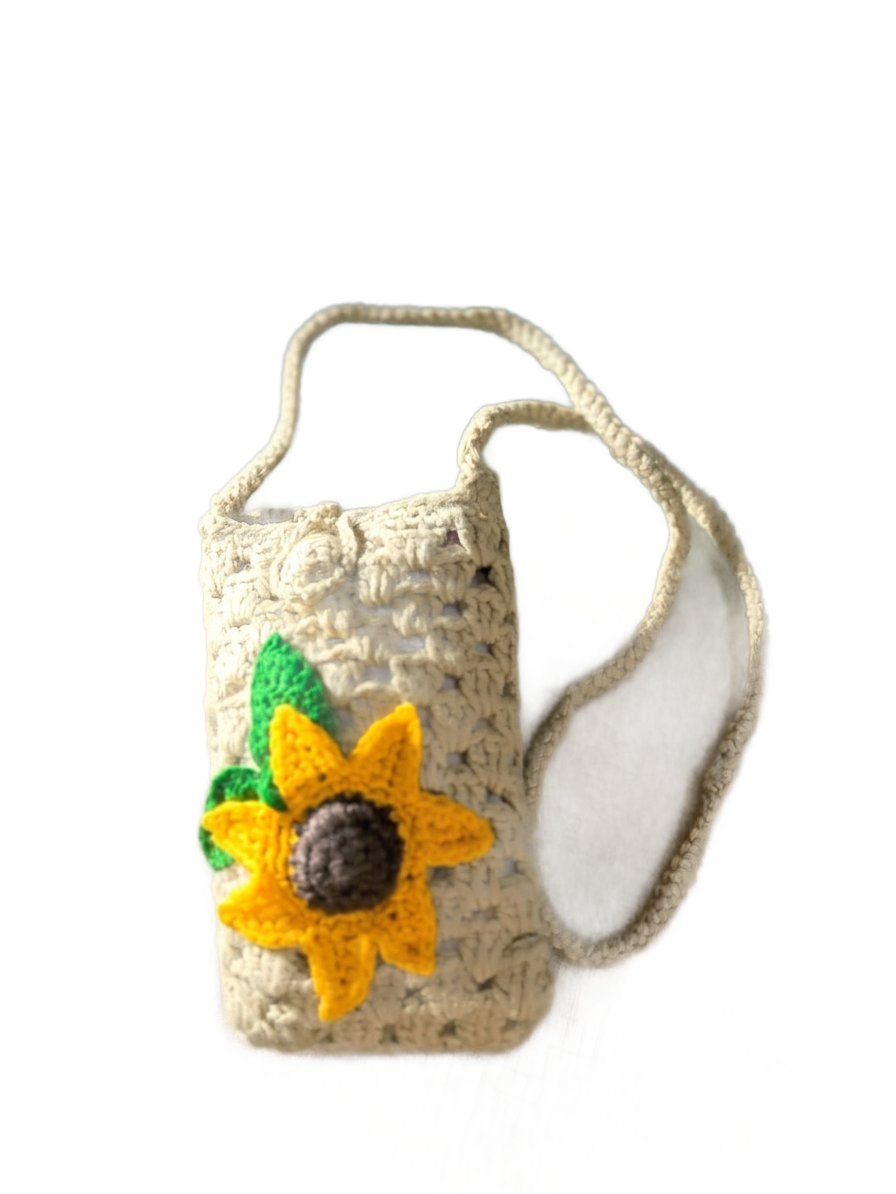 Crochet Sunflower Phone Pouch - Cream | Mobile Crossbody Bag | Artisan Design