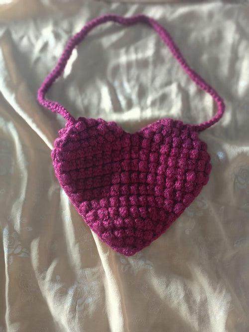 Crochet Heart Bag | Bubble Stitch Charm Bag | Shoulder Bag | Pink Magenta