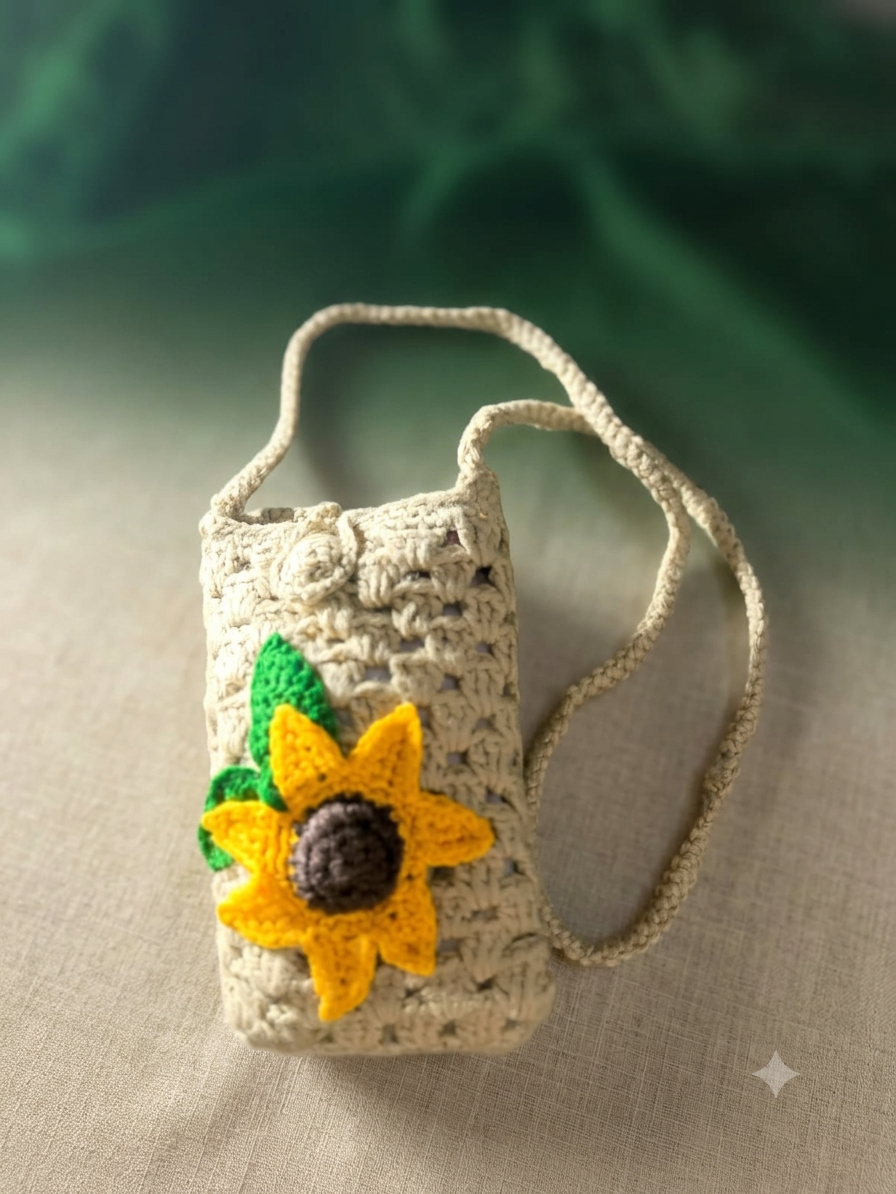 Crochet Sunflower Phone Pouch - Cream | Mobile Crossbody Bag | Artisan Design