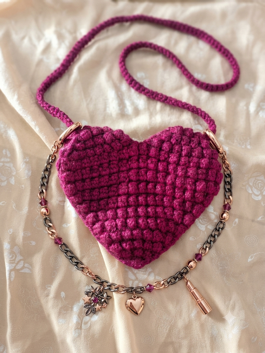 Crochet Heart Bag | Bubble Stitch Charm Bag | Shoulder Bag | Pink Magenta